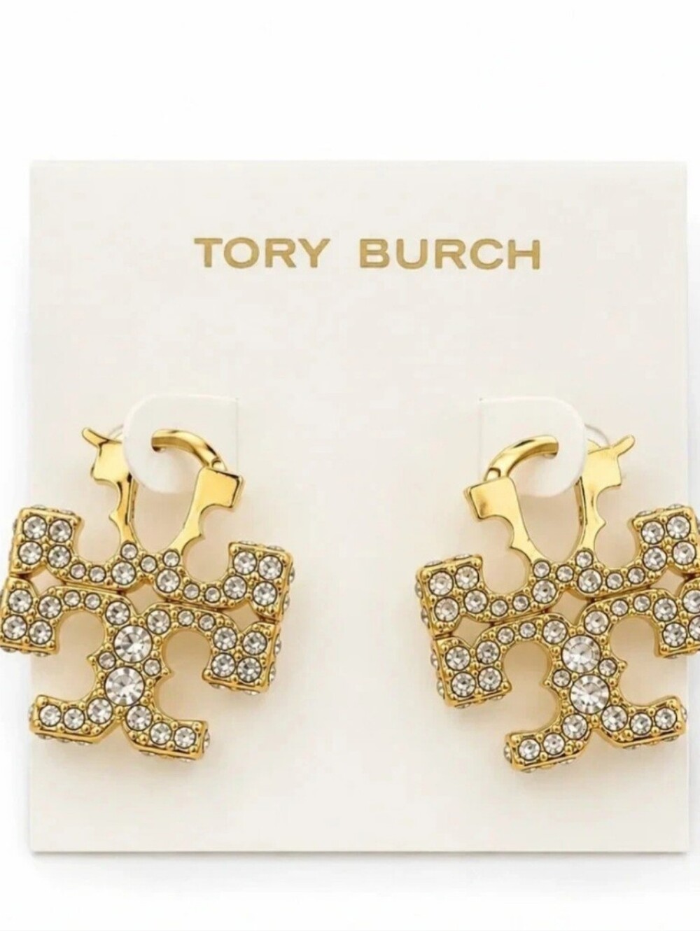 Tory Burch Gold Crystal Logo Drop Earrings